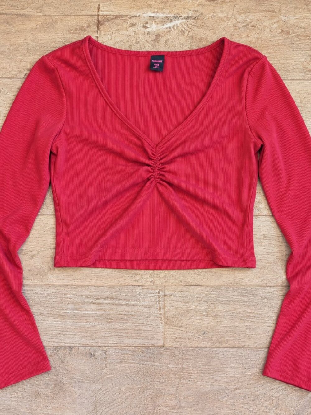 ROMWE Hot Pink Ribbed Ruched Front V-Neck Long Sleeve Crop Top XS